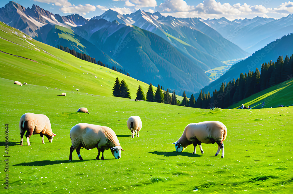 Fototapeta premium Sheep grazing on green alpine meadows.