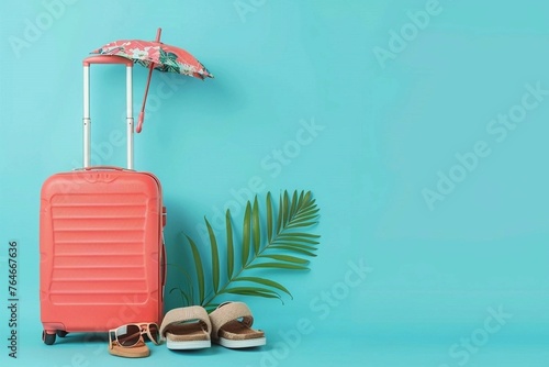 A banner with a travel suitcase on wheels with a handle with travel accessories on a blue background with a free place to insert text, The concept of traveling on vacation and on vacation