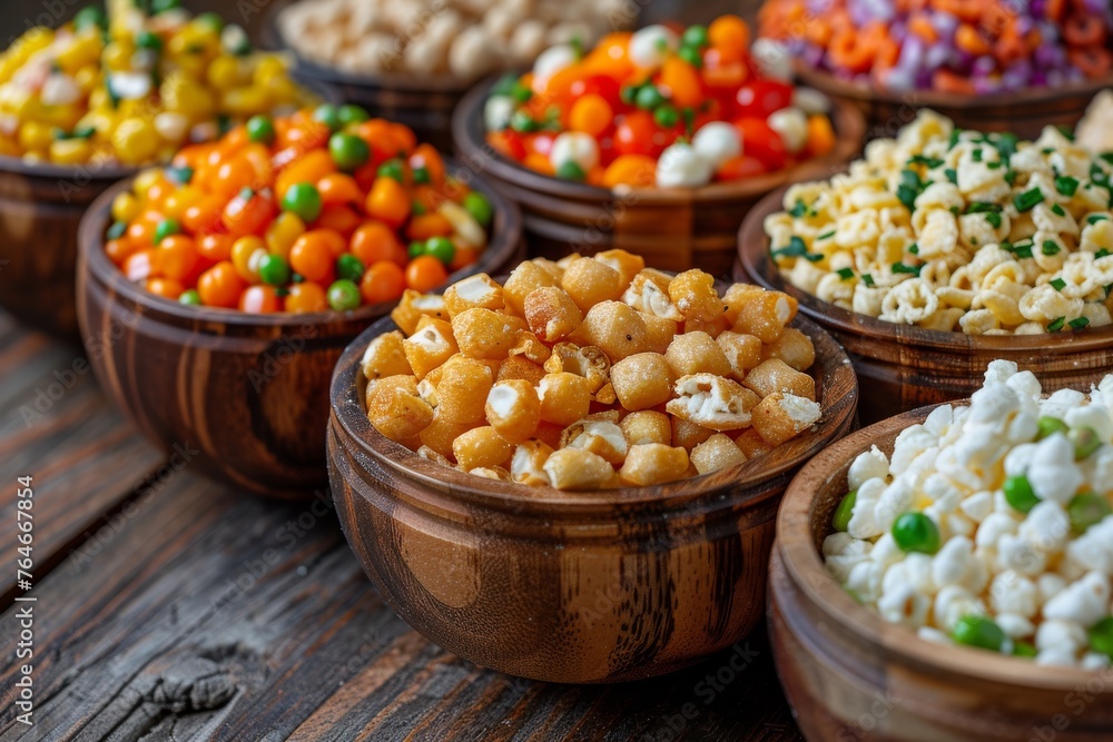 Set of wooden bowls with vegan food Set of wooden bowls with vegan food