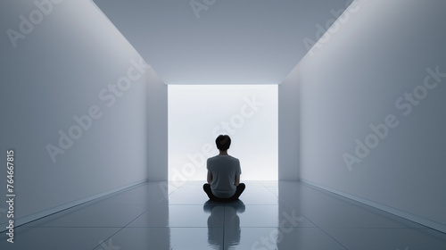A lone man sits in a bright white room, his mind at peace.