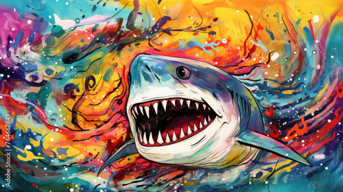 Abstract grunge urban pattern with sea monster character  Scarey Big head Shark  Super drawing in graffiti style  bright vibrant retro colors  blue  pink  orange and purple  multicolors background.