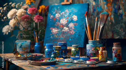 Aqua and electric blue vase with flowers on table with painting and brushes