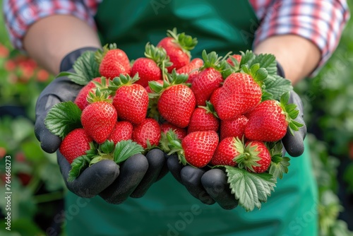 Faceless woman holding red strawberries in her hand standing in greenhouse close-up.