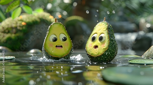 Two avocado halves with expressive faces splashing in water, surrounded by green foliage photo