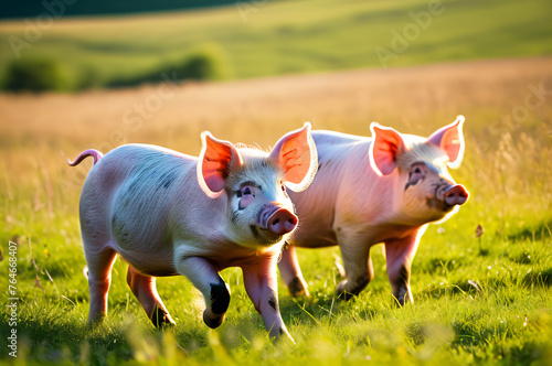 Pigs walking in a meadow on a bright sunny day.