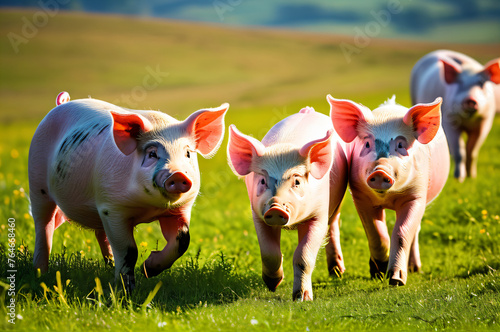 Pigs walking in a meadow on a bright sunny day.