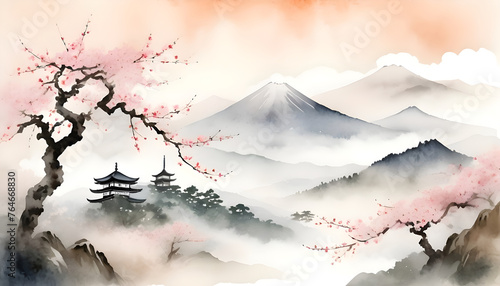 Traditional Japanese style landscape with sakura, fog, and hills on a vintage watercolor background.