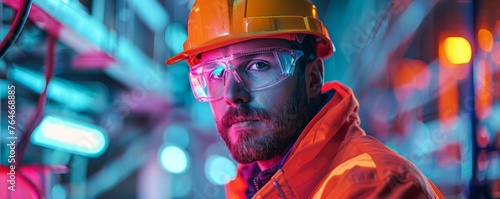 Close-up of a construction worker in neon safety gear with serious expression