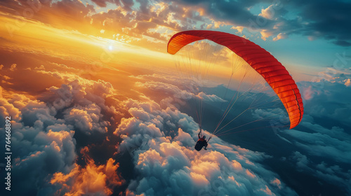 Paraglider Soaring Over Clouds and Mountain