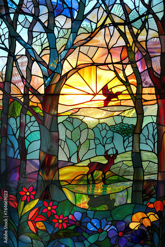 Sunrise in a forest, captured in stained glass with deer and birds silhouetted against a vibrant dawn, surrounded by intricate trees and flowers.