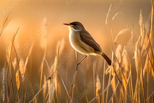 Eurasian reed warbler Acrocephalus scirpaceus bird singing in reeds during sunrise. photo