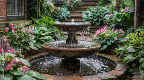 Water Fountain Amid Flowers and Greenery
