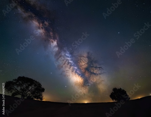 The picture, the starry sky and the Milky way over the field