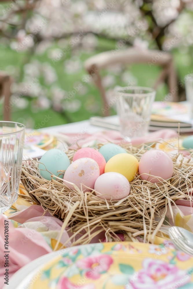Pastel Easter eggs nested in straw on table. Soft pastel-colored Easter eggs delicately placed on straw over a floral tablecloth for a festive celebration Pastel Easter eggs nested in straw on table. Soft pastel-colored Easter eggs delicately placed on straw over a floral tablecloth for a festive celebration