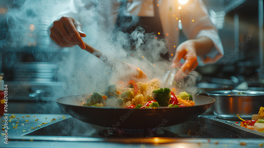 Chef stir fry the food in a frying pan, smoke and splatter the sauce in ...