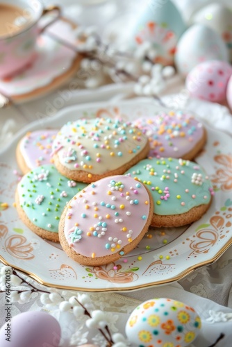 Pastel Easter cookies on a fancy plate. Fancy plate filled with Easter-themed pastel-colored cookies decorated with sprinkles