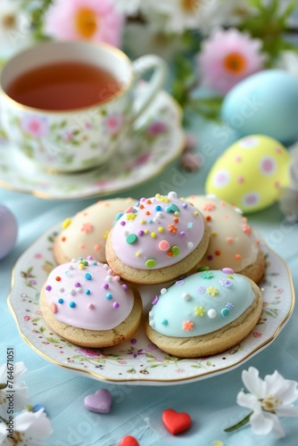 Pastel iced cookies with tea in background. An assortment of pastel iced cookies with tea set in soft-focused background