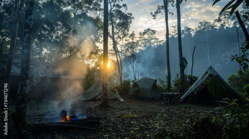 Smoke from breakfast at Sunrise in Base Camp in Indonesian Jungle - Gunung Leuser National Park. photo