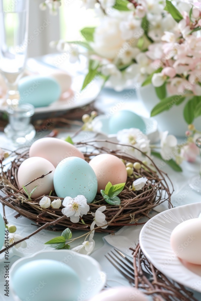 Elegant table decor with Easter eggs and flowers. A sophisticated Easter table decor with pastel-colored eggs in a nest and a backdrop of soft white spring flowers