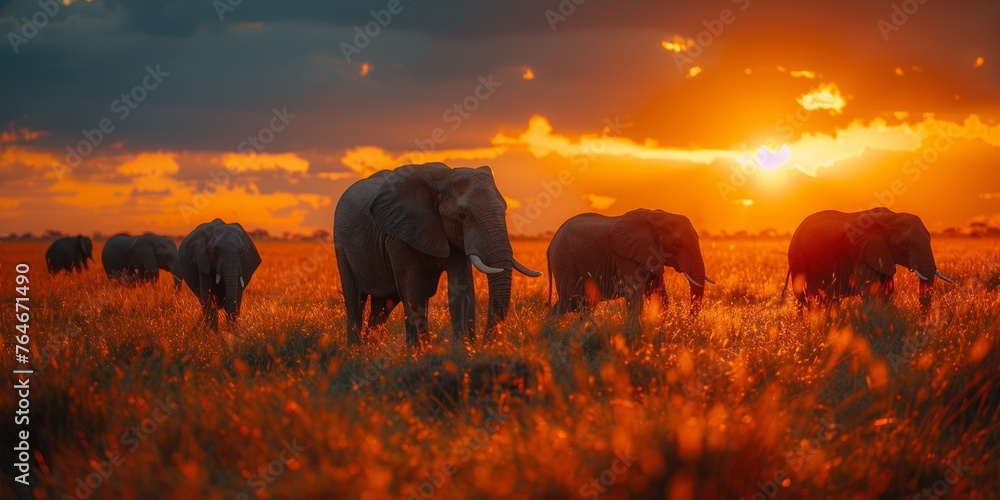 A herd of African elephants grazes under an orange sky in the savannah. - obrazy, fototapety, plakaty 
