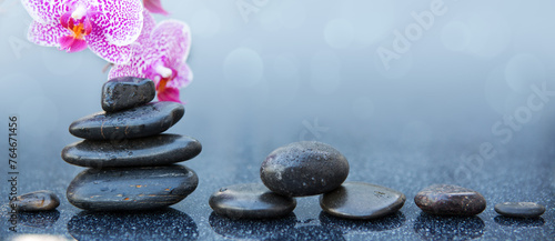 Pink orchid flowers and black spa stones on the gray table background.