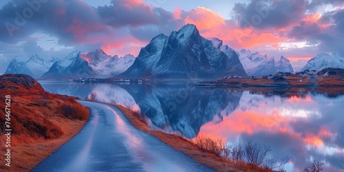 The scenic road winds through majestic mountains, reflecting the stunning hues of the sunset over the icy waters.