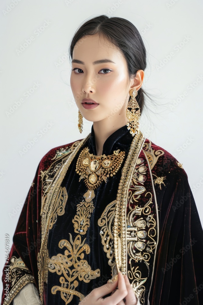 Portrait of a pretty young woman super model of Chinese ethnicity draped in a luxurious velvet cape embellished with gold embroidery and accessorized with statement jewelry