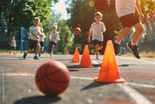 Group of Children on Basketball Outdoor Training. Kids running and Bouncing Balls On The Court. Children Have Fun Playing Sports © matimix