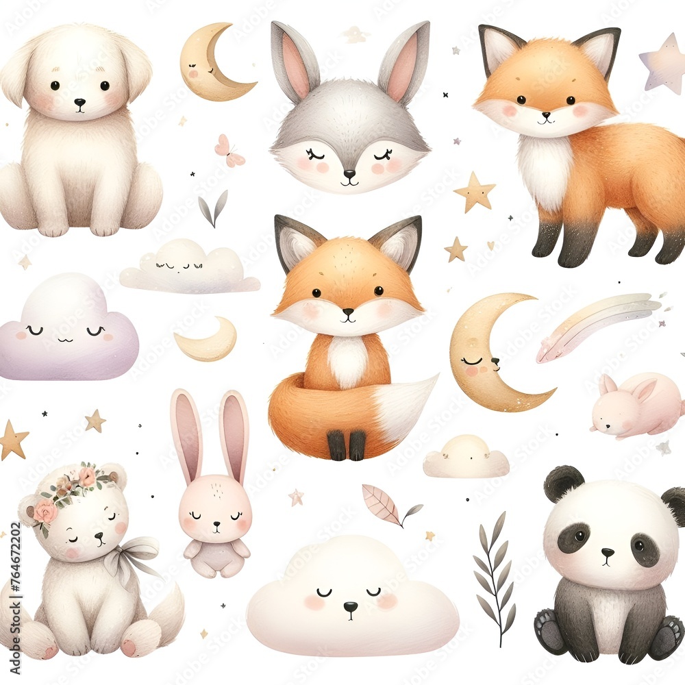 Fototapeta premium Cute baby animals in seamless pattern, watercolor style, illustration