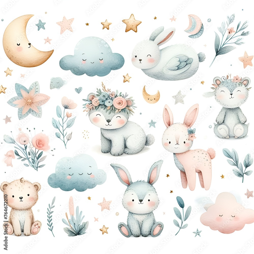 Cute baby animals in seamless pattern, watercolor style, illustration Cute baby animals in seamless pattern, watercolor style, illustration