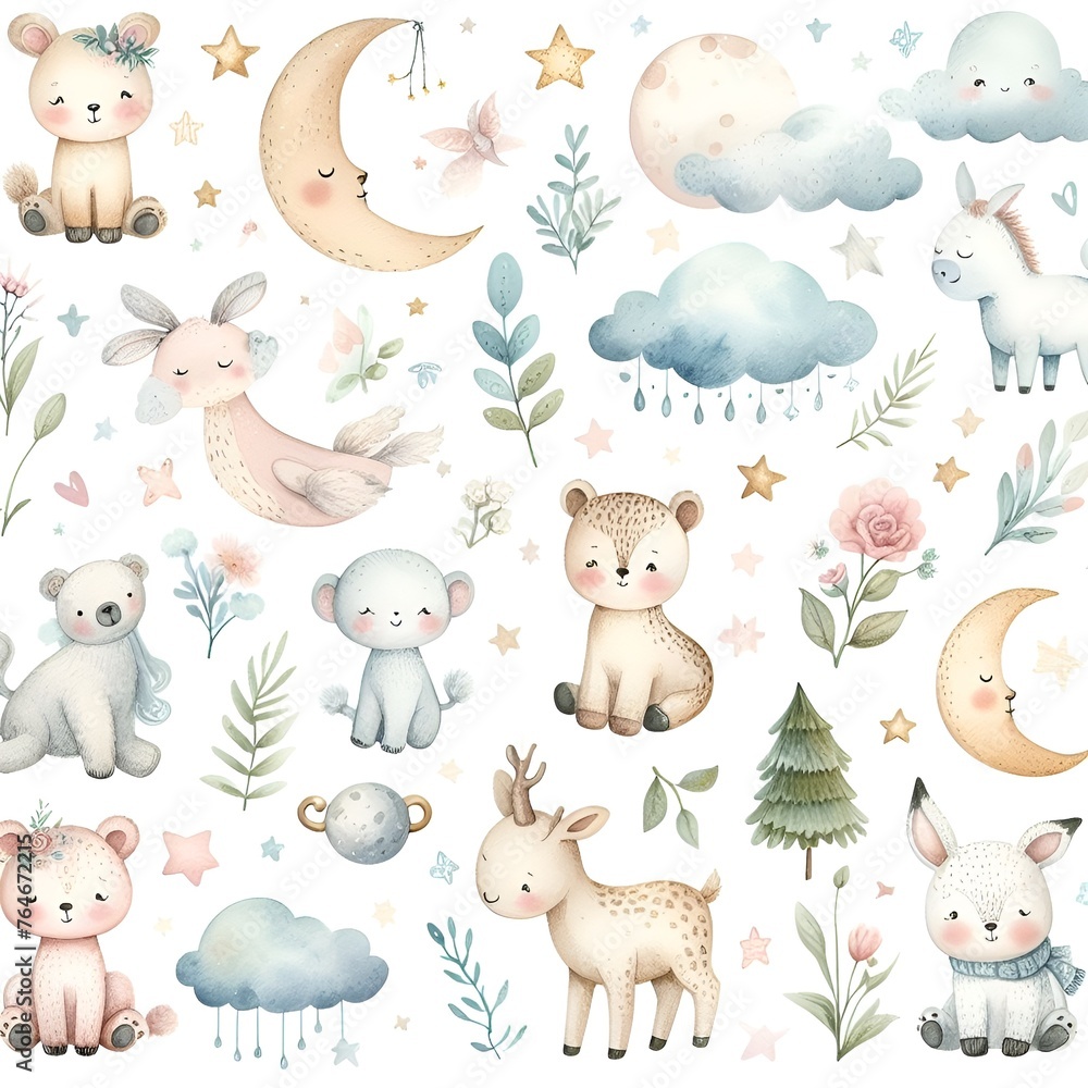 Obraz premium Cute baby animals in seamless pattern, watercolor style, illustration