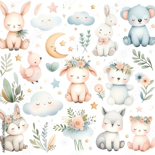 Cute baby animals in seamless pattern, watercolor style, illustration
