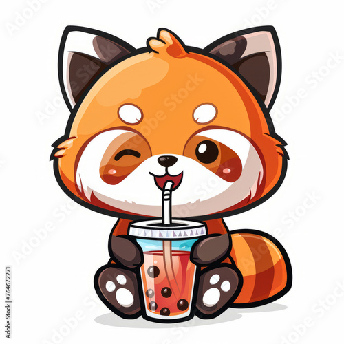 Cartoon cute red panda drinking bubble tea.  Boba tea logo. White isolated background.