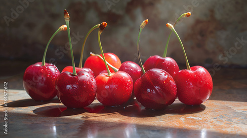 Red Delicious cherries, a lot of red ripe cherries close up with water drops, Macro image of cherries filling the entire frame. Generative Ai 