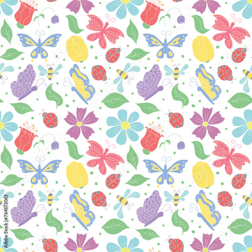 Spring floral pattern with butterflies, bees and ladybugs. Seamless flowers background