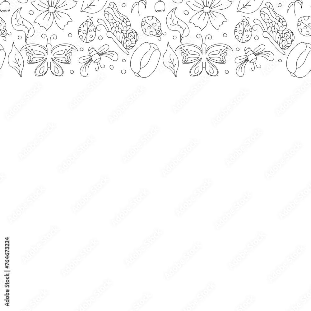 Spring floral frame with butterflies, bees and ladybugs. Seamless flowers background Spring floral frame with butterflies, bees and ladybugs. Seamless flowers background