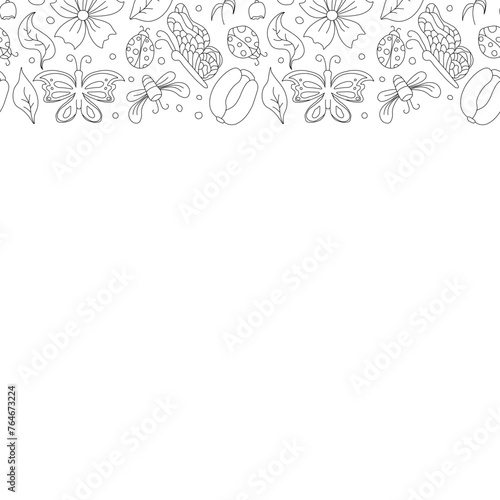 Spring floral frame with butterflies  bees and ladybugs. Seamless flowers background