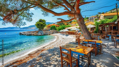 Samos island, Greece. Beautiful beach and tavern in scenic Kokkari village. popular tourist destination for summer holidays photo