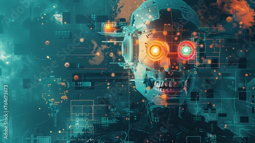 A fictional vision showing an abstract technological AI bot as a threat against human civilisation, communication is visible, abstract technological industry space background