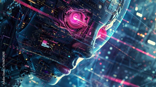 A fictional vision showing an abstract technological AI bot as a threat against human civilisation, communication is visible, abstract technological industry space background