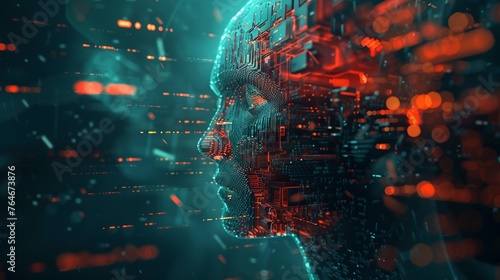 A fictional vision showing an abstract technological AI bot as a threat against human civilisation, communication is visible, abstract technological industry space background