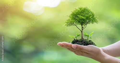 Hand Holding Tree on Blurred Green Background for Ecology Concept