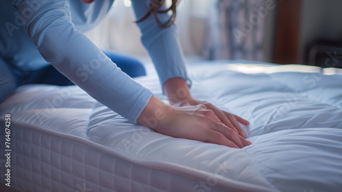 Woman s hands putting white fitted sheet on bed over mattress on bed.
