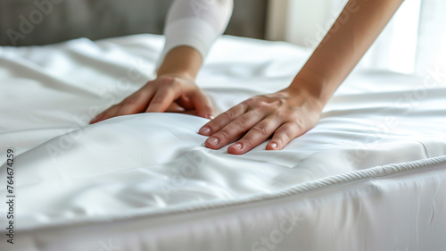 Woman s hands putting white fitted sheet on bed over mattress on bed.