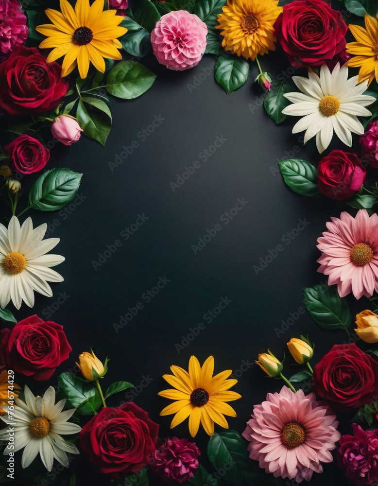 A variety of flowers arranged on a dark textured surface. The flowers include bright yellow and white daisies and deep pink blossoms.