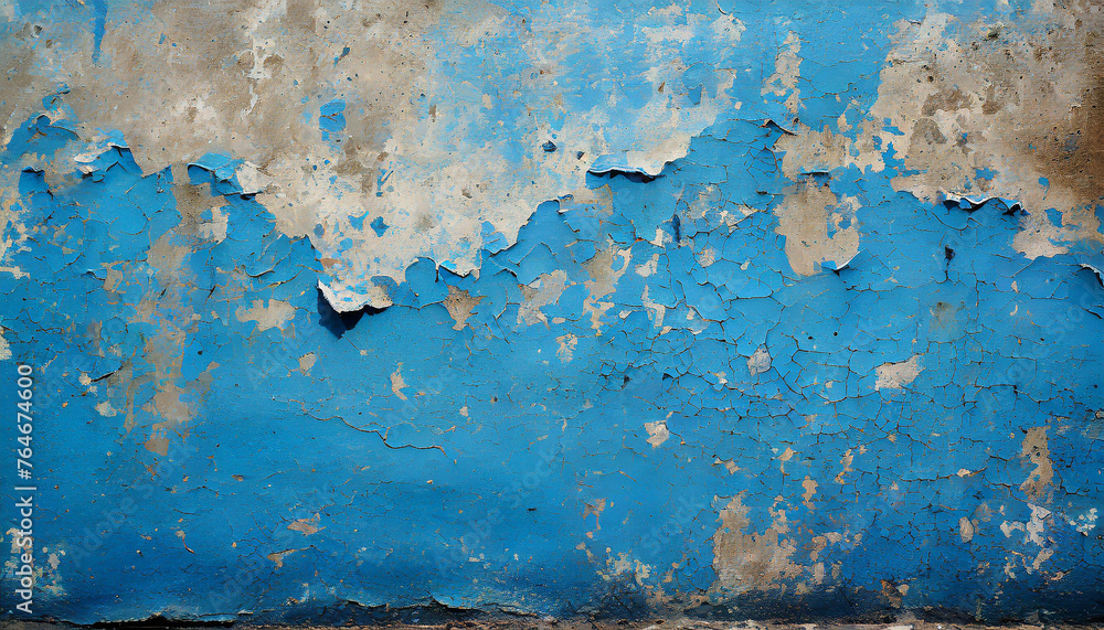 Old wall with cracked paint. Rough texture. Peeling blue paint.