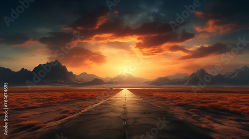 Road with mountains in the background and a sunset in the distance