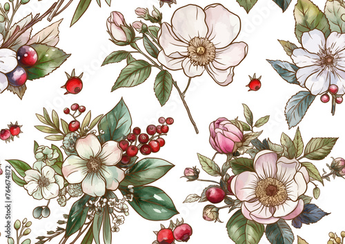 Boutonniere of wild rose flowers and berries Seamless pattern, background. Outline hand drawing vector illustration. In botanical style