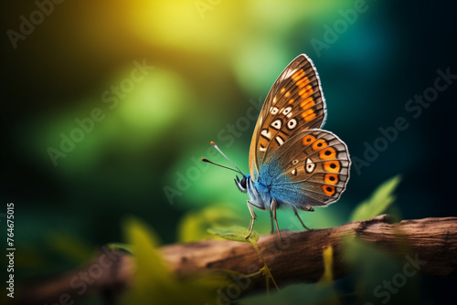 Beautiful colorful brown, blue and orange female butterfly, Polyommatus icarus, sitting on stem, blurry green grass and dark ground backround, close up