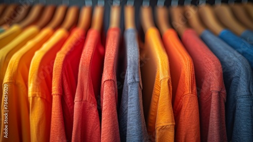 Gradation of colorful t-shirts displayed in a row, transitioning from warm to cool tones